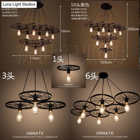 Industrial Metal Hanging Chandelier Light Fixture For Living Room - Black Wheel Design 9 /