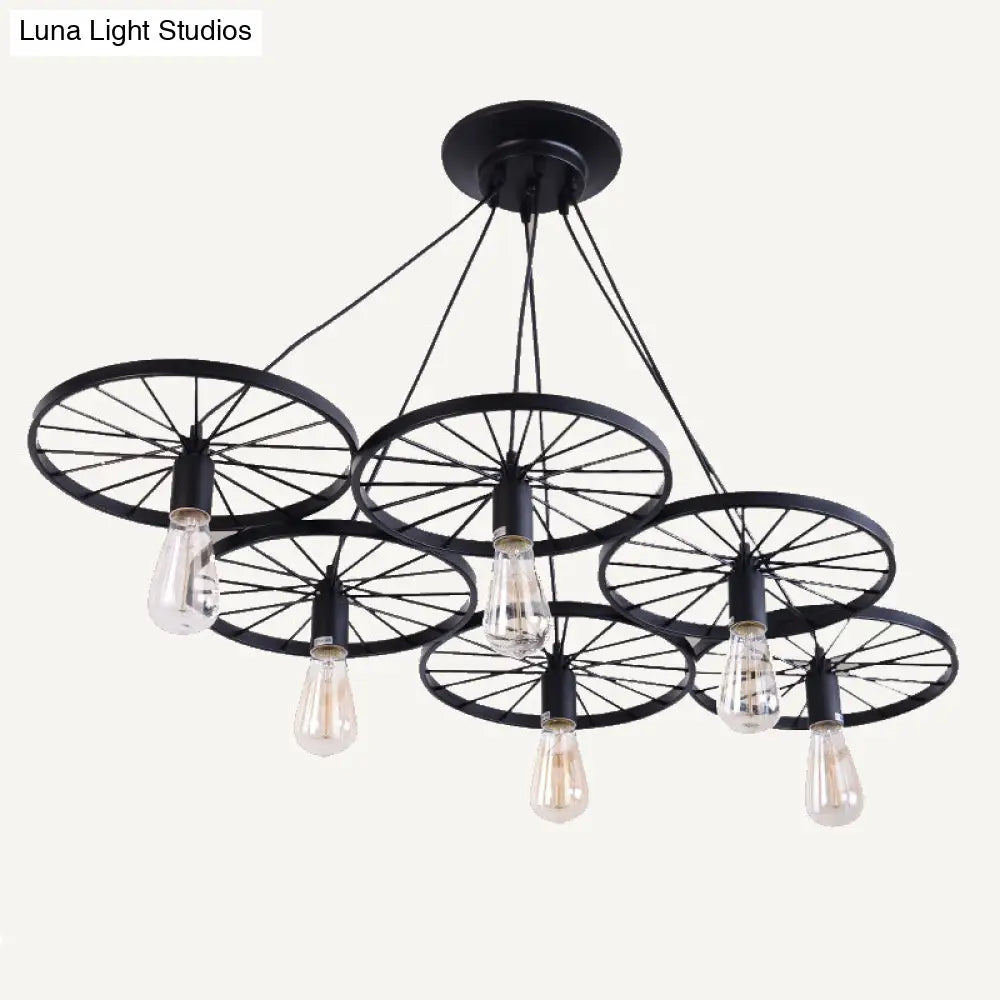 Black Industrial Wheel Chandelier For Living Room: Metal Hanging Light Fixture