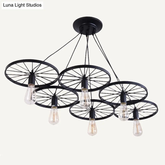 Industrial Metal Hanging Chandelier Light Fixture For Living Room - Black Wheel Design