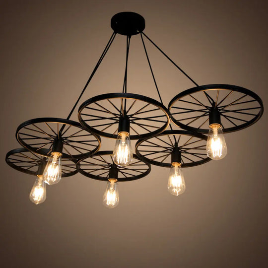 Black Industrial Wheel Chandelier For Living Room: Metal Hanging Light Fixture 6 /