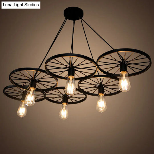 Industrial Metal Hanging Chandelier Light Fixture For Living Room - Black Wheel Design 6 /