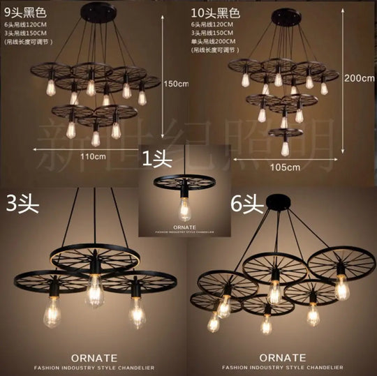 Black Industrial Wheel Chandelier For Living Room: Metal Hanging Light Fixture 9 /