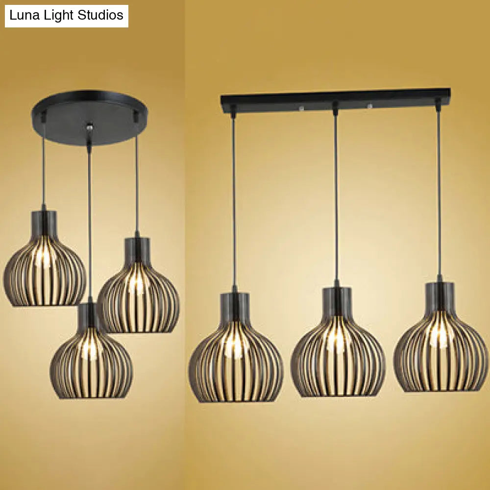 Black Iron 3-Light Onion Dining Room Pendant With Stylish Cage Shade For Loft - Hanging Light