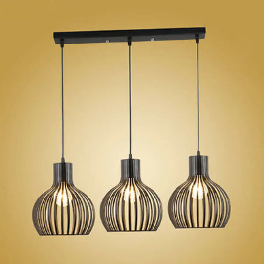Black Iron 3-Light Onion Dining Room Pendant With Stylish Cage Shade For Loft - Hanging Light