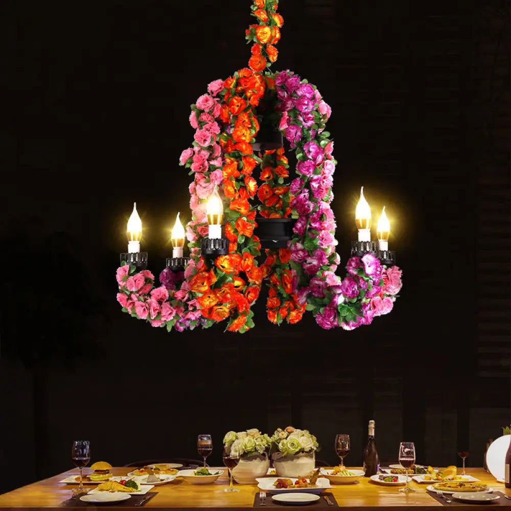 Black Iron 6-Head Candle Chandelier With Floral Decor - Suspended Warehouse Lighting Fixture