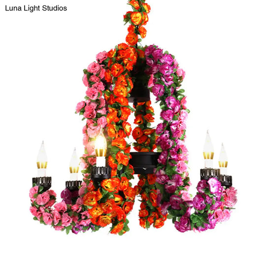 Black Iron 6-Head Candle Chandelier With Floral Decor - Suspended Warehouse Lighting Fixture