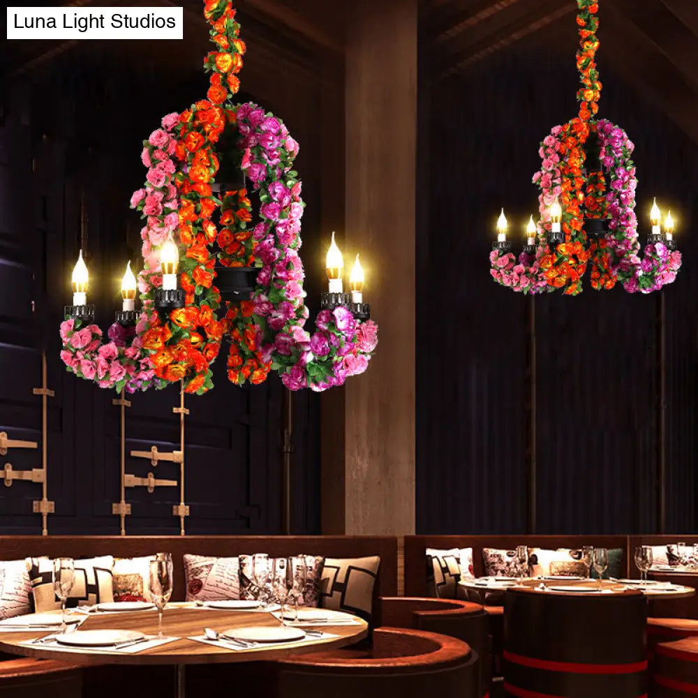 Black Iron 6-Head Candle Chandelier With Floral Decor - Suspended Warehouse Lighting Fixture