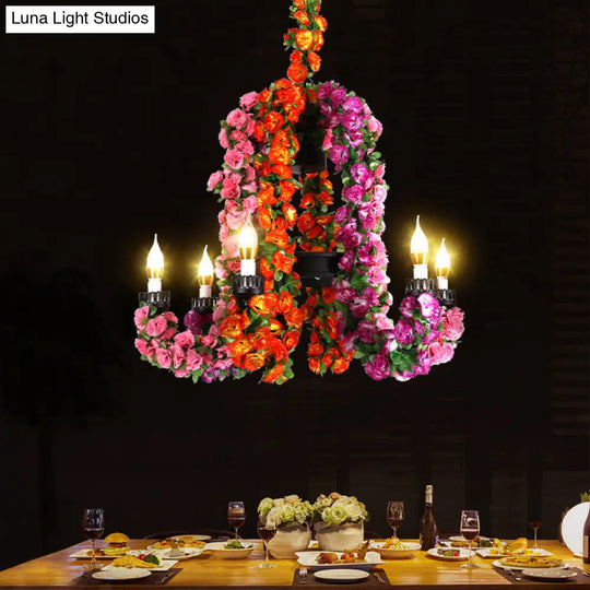 Black Iron Floral Warehouse Candle Chandelier - 6-Head Suspended Lighting Fixture