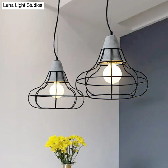 Industrial Iron Hanging Light Kit In Black - Pendant With Cage Design 1 Bulb Cement Cap