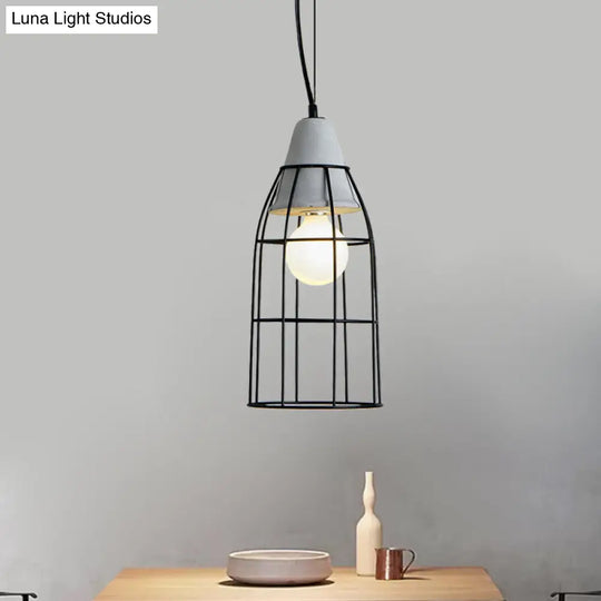 Industrial Iron Hanging Light Kit In Black - Pendant With Cage Design 1 Bulb Cement Cap / Cylinder