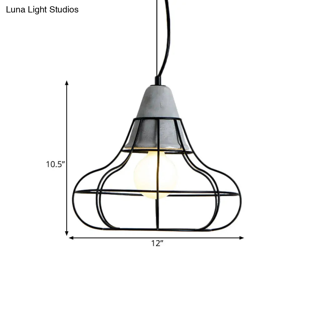 Industrial Iron Hanging Light Kit In Black - Pendant With Cage Design 1 Bulb Cement Cap