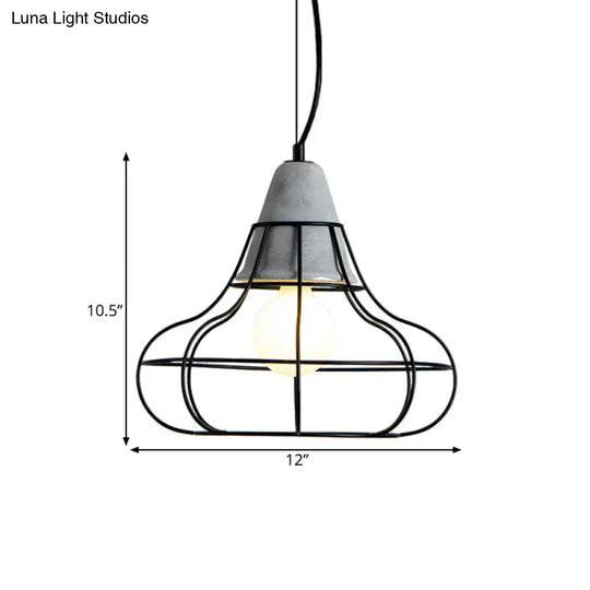 Industrial Iron Hanging Light Kit In Black - Pendant With Cage Design 1 Bulb Cement Cap