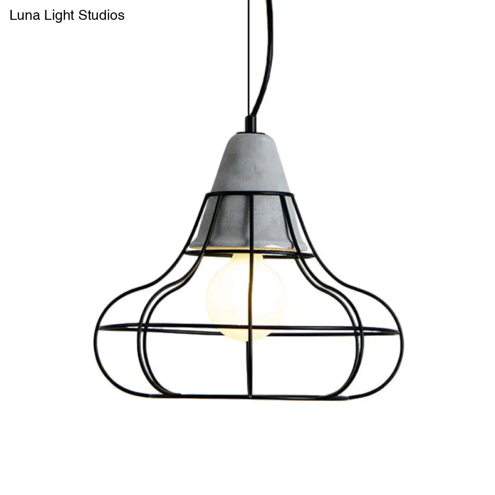 Industrial Iron Hanging Light Kit In Black - Pendant With Cage Design 1 Bulb Cement Cap / Arc