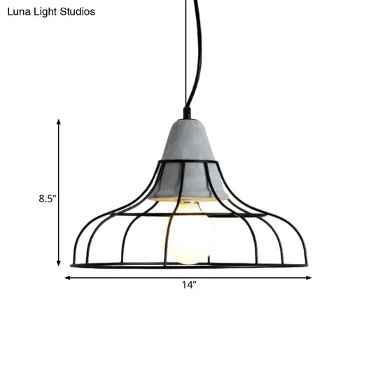 Industrial Iron Hanging Light Kit In Black - Pendant With Cage Design 1 Bulb Cement Cap