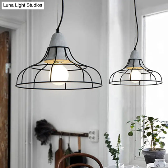 Black Iron Cage Pendant Light Kit With Cement Cap For Industrial Decor