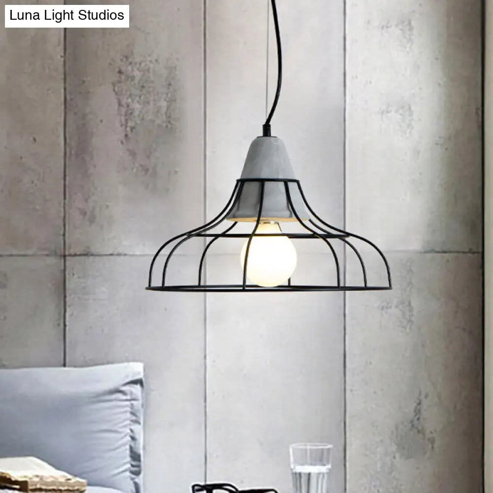 Industrial Iron Hanging Light Kit In Black - Pendant With Cage Design 1 Bulb Cement Cap