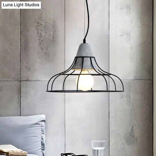 Industrial Iron Hanging Light Kit In Black - Pendant With Cage Design 1 Bulb Cement Cap / Dome