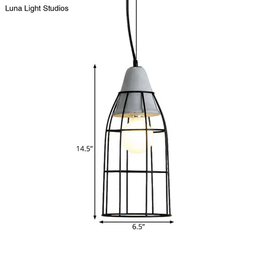 Black Iron Cage Pendant Light Kit With Cement Cap For Industrial Decor