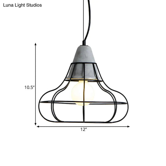 Black Iron Cage Pendant Light Kit With Cement Cap For Industrial Decor