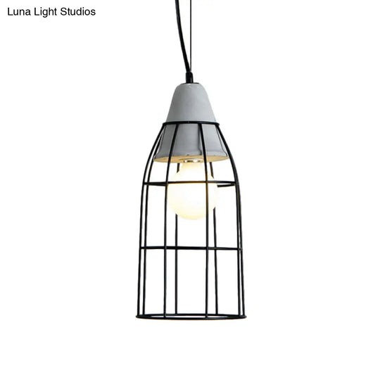 Industrial Iron Hanging Light Kit In Black - Pendant With Cage Design 1 Bulb Cement Cap