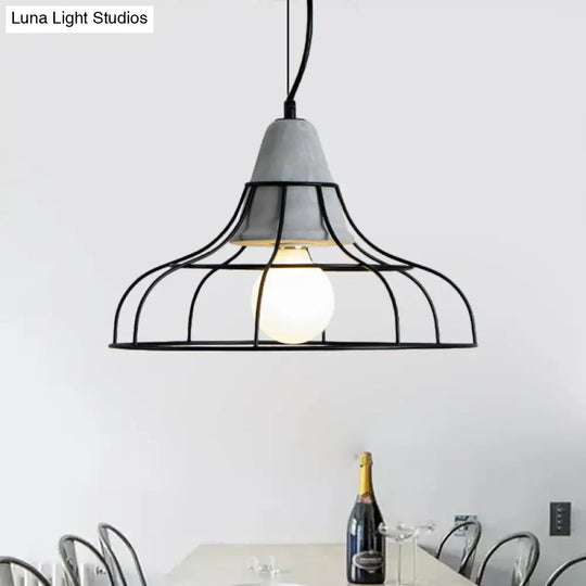 Industrial Iron Hanging Light Kit In Black - Pendant With Cage Design 1 Bulb Cement Cap / Dome