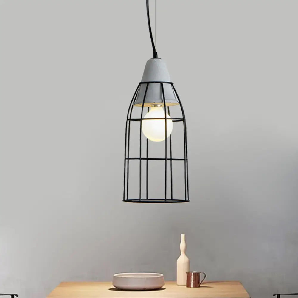 Black Iron Cage Pendant Light Kit With Cement Cap For Industrial Decor / Cylinder