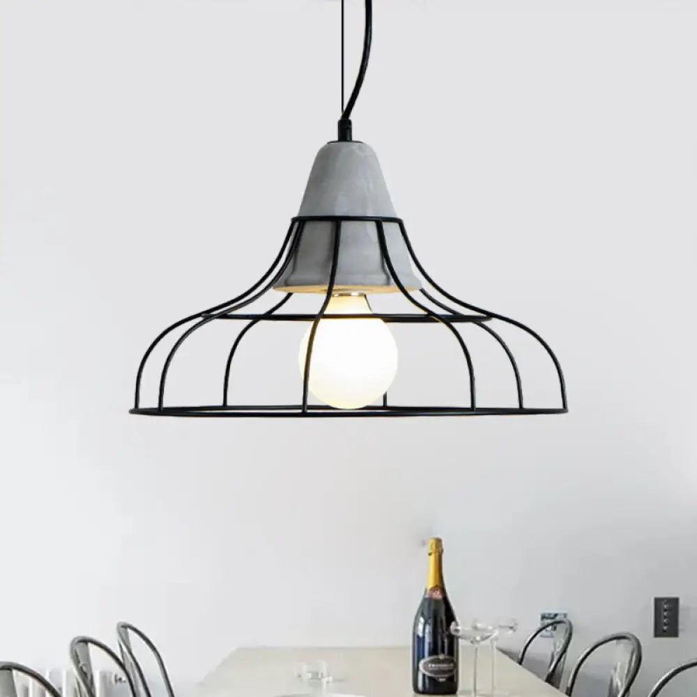 Black Iron Cage Pendant Light Kit With Cement Cap For Industrial Decor / Dome