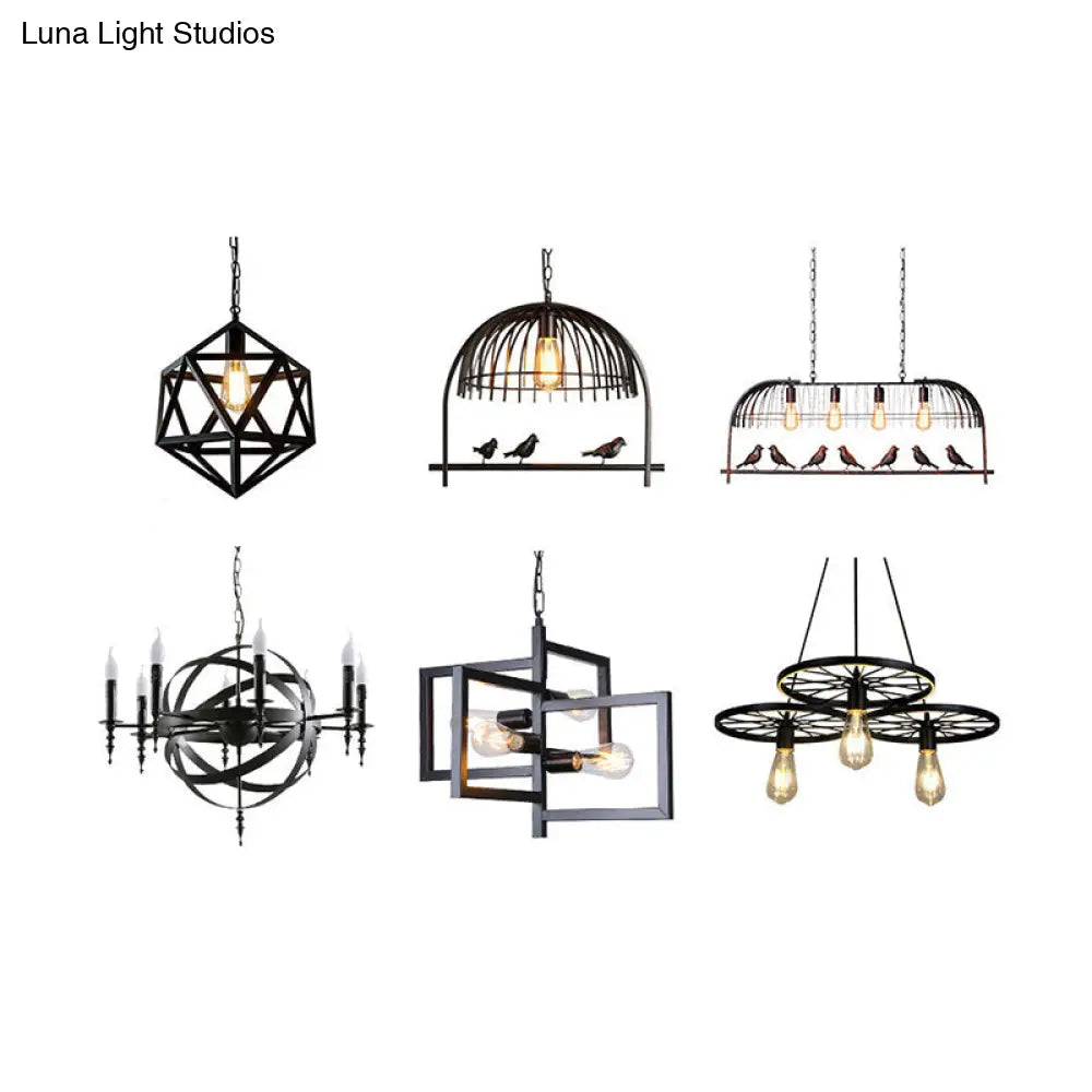 Black Iron Caged Pendant Chandelier - Industrial Multi-Light Fixture For Restaurants (10 Bulbs)