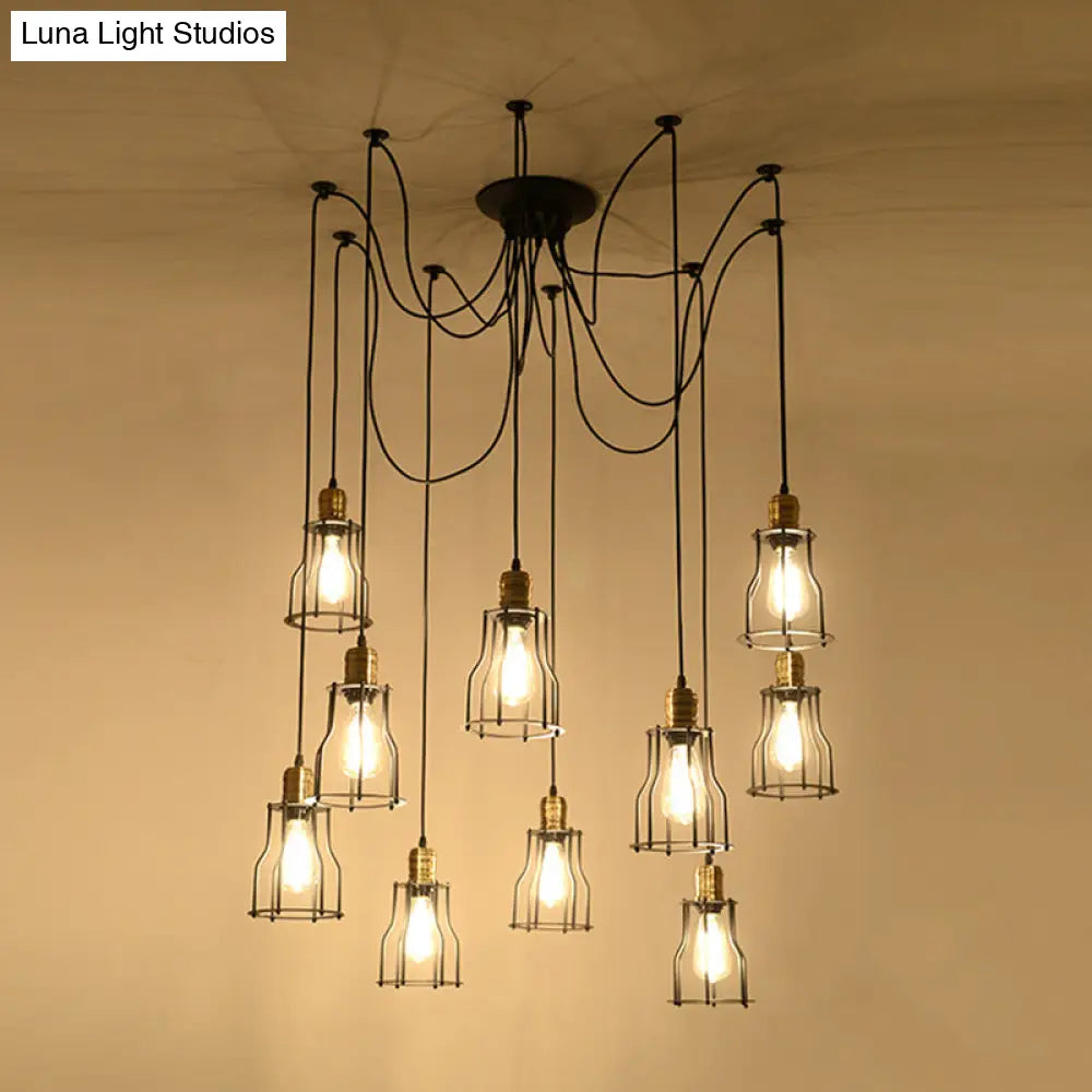 Black Iron Caged Pendant Chandelier - Industrial Multi-Light Fixture For Restaurants (10 Bulbs)