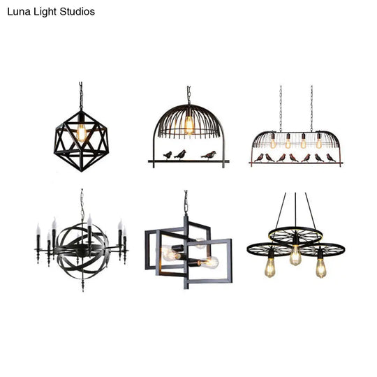 Industrial Black Caged Iron Ceiling Pendant Chandelier With 10 Bulbs - Perfect For Restaurants