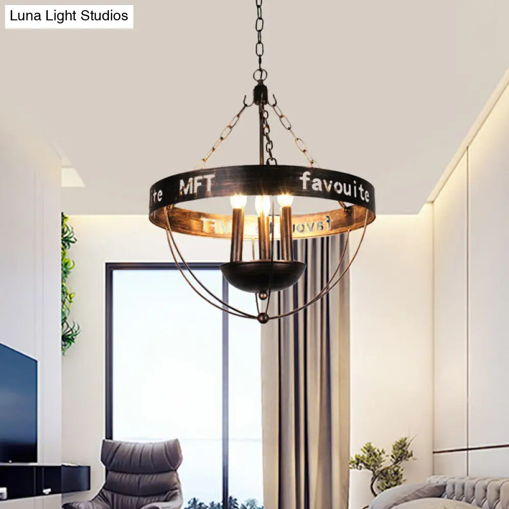 Black Iron Chandelier With 3 Bulbs And Wire Guard For Living Room Pendant Lighting