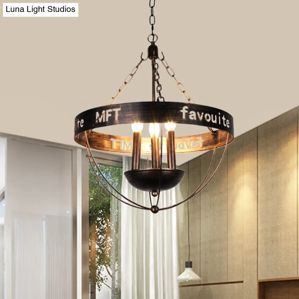 Black Iron Chandelier With 3 Bulbs And Wire Guard For Living Room Pendant Lighting