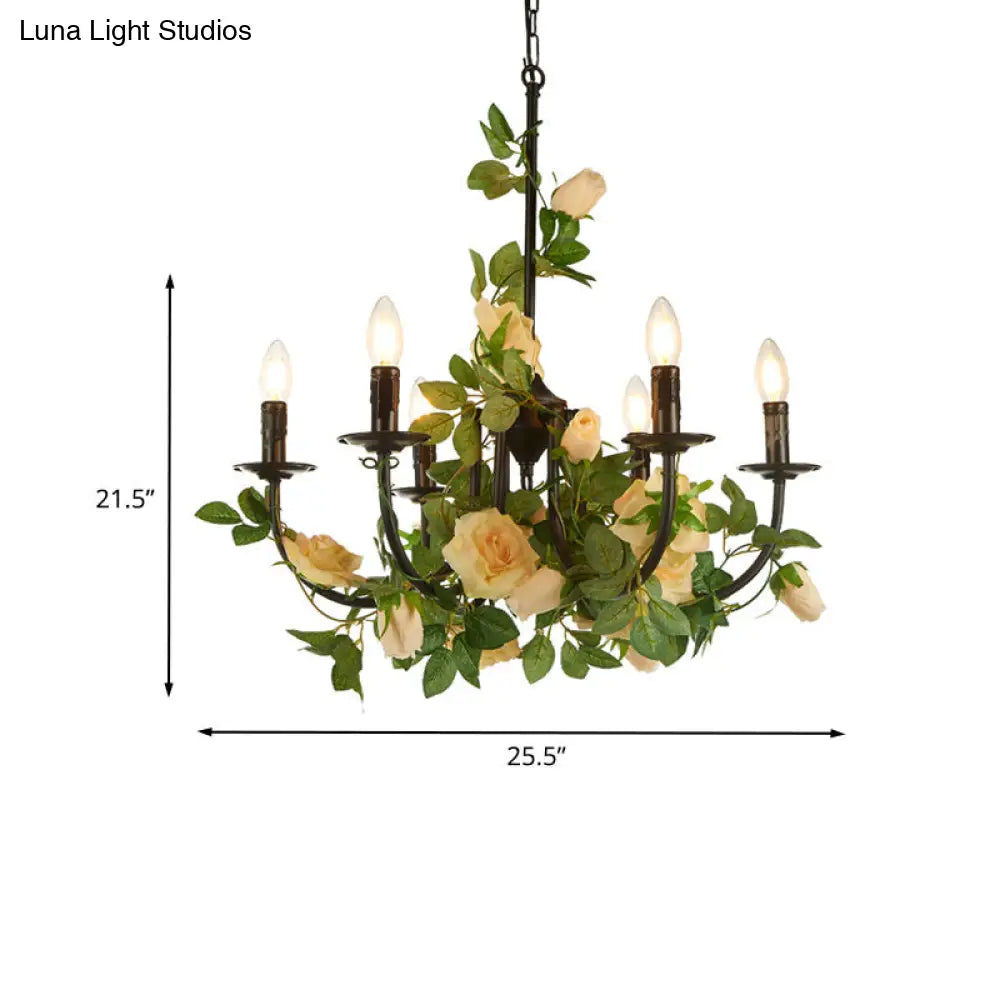 Black Iron Candlestick Chandelier Lamp - 6 Heads Pendant Light Fixture With Rose Decor Factory