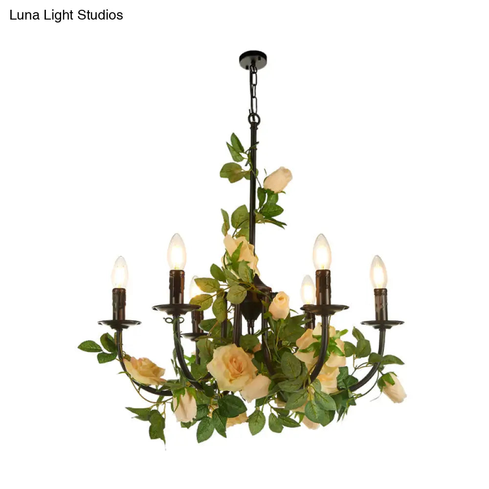 Black Iron Chandelier Lamp With 6 Rose-Decorated Heads