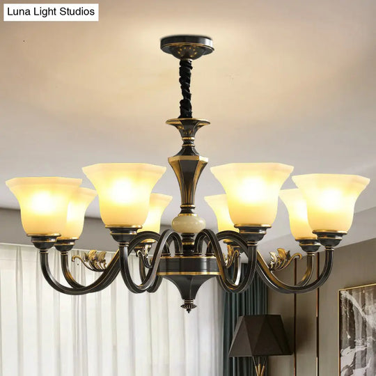 Black Iron Chandelier With Curved Arm And Frosted Glass Shade - Traditional Ceiling Lighting Fixture