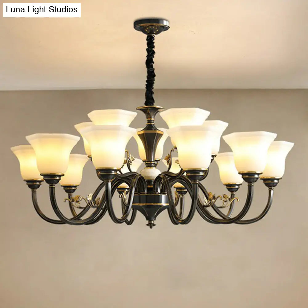 Black Iron Chandelier With Curved Arm And Frosted Glass Shade - Traditional Ceiling Lighting Fixture