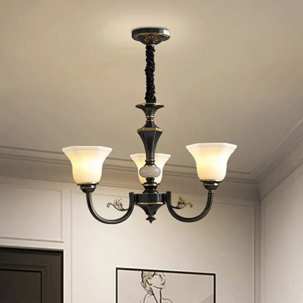 Black Iron Chandelier With Curved Arm And Frosted Glass Shade - Traditional Ceiling Lighting Fixture