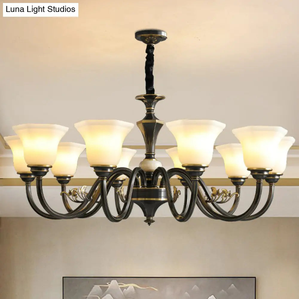 Black Iron Chandelier With Curved Arm And Frosted Glass Shade - Traditional Ceiling Lighting Fixture