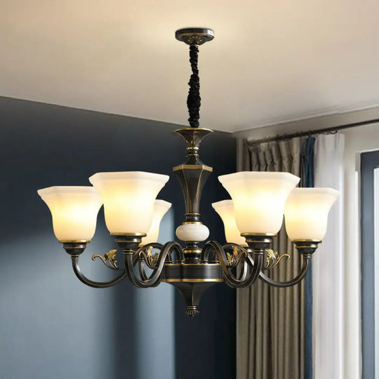 Black Iron Chandelier With Curved Arm And Frosted Glass Shade - Traditional Ceiling Lighting Fixture