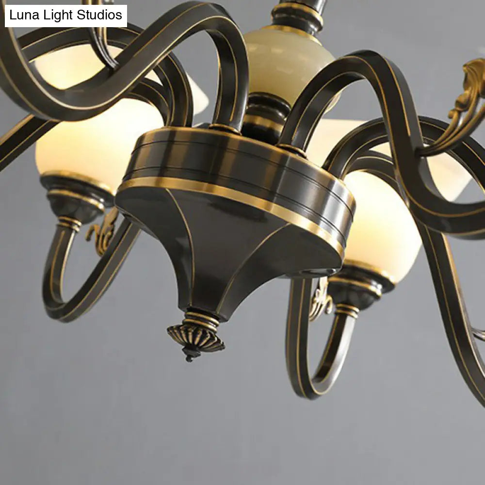 Black Iron Chandelier With Curved Arm And Frosted Glass Shade - Traditional Ceiling Lighting Fixture