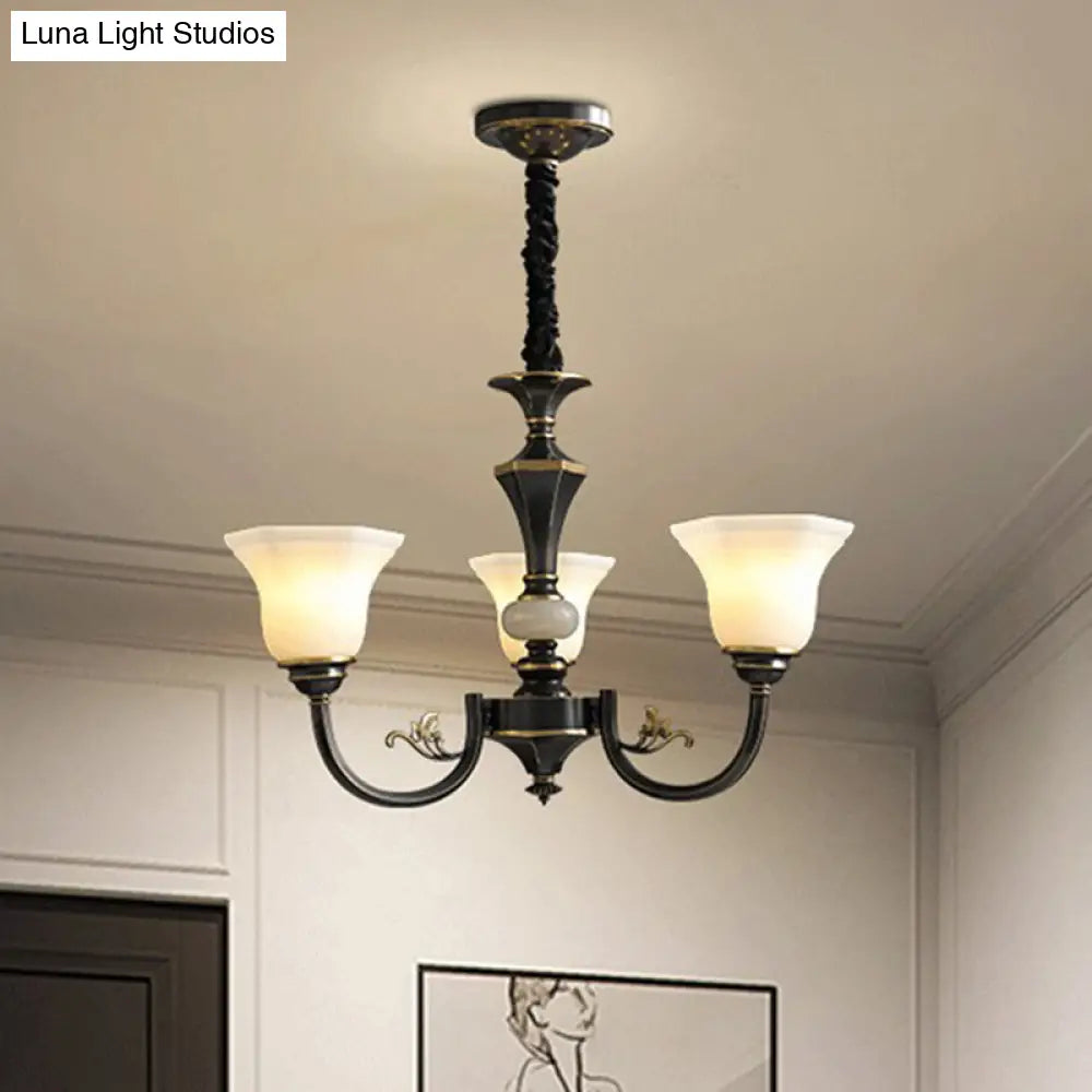 Black Iron Chandelier With Curved Arm And Frosted Glass Shade - Traditional Ceiling Lighting Fixture