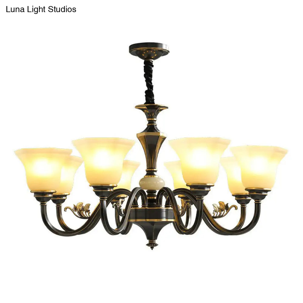 Black Iron Chandelier With Curved Arm And Frosted Glass Shade - Traditional Ceiling Lighting Fixture