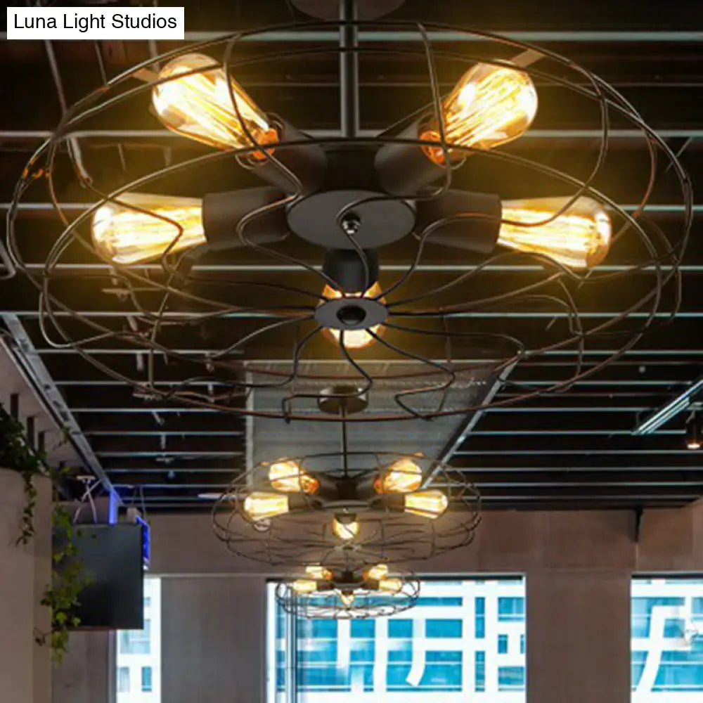 Black Iron Fan Cage Chandelier With 5 Bulbs - Simple Ceiling Light Fixture