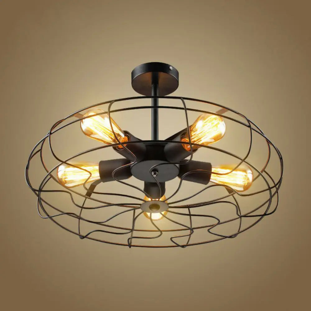 Black Iron Fan Cage Chandelier With 5 Bulbs - Simple Ceiling Light Fixture / 19’