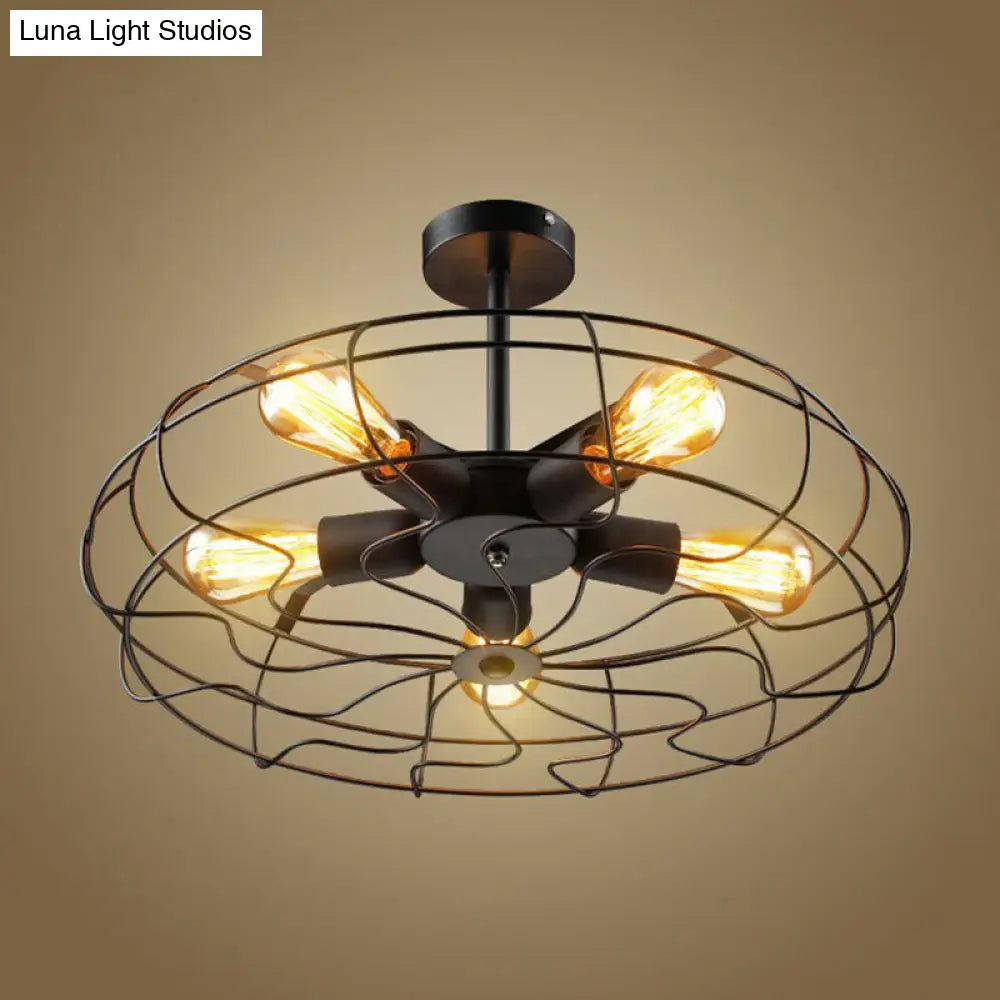 Black Iron Cage Chandelier With 5 Bulbs And Ceiling Fan / 19