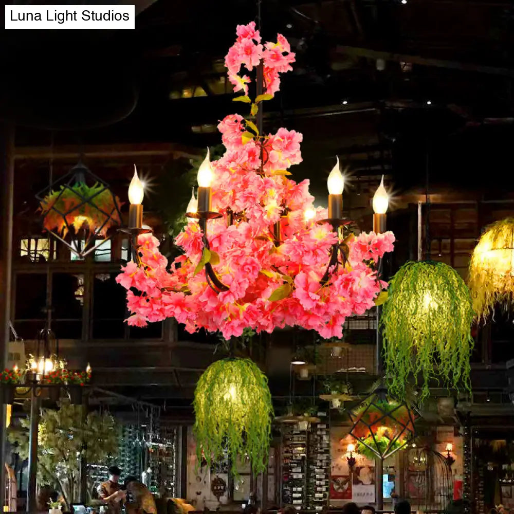 Black Iron Farmhouse Chandelier With Flower Detail - 6 Pendant Light Heads