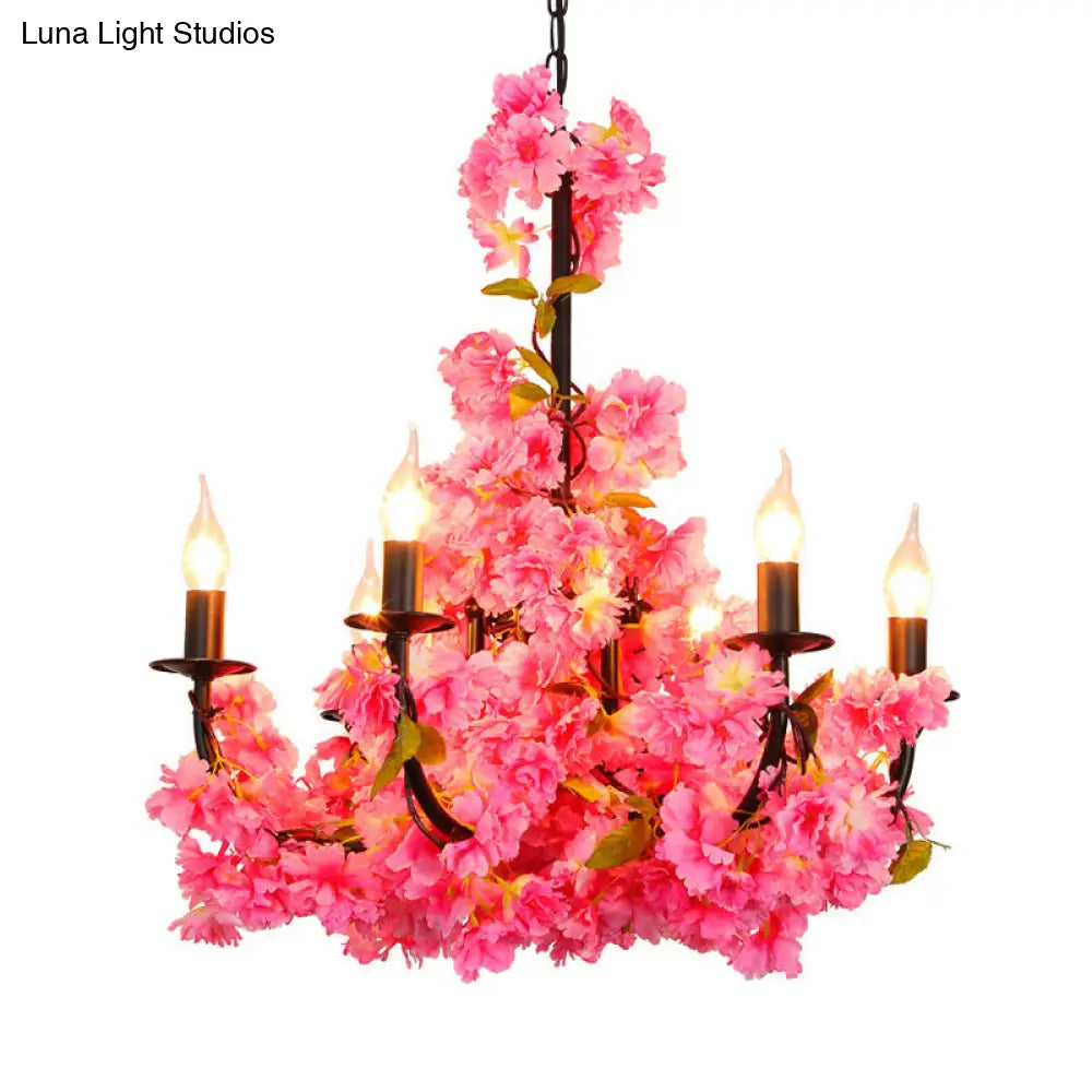 Black Iron Farm Candelabra Chandelier Pendant Light With 6 Heads & Flower Decor