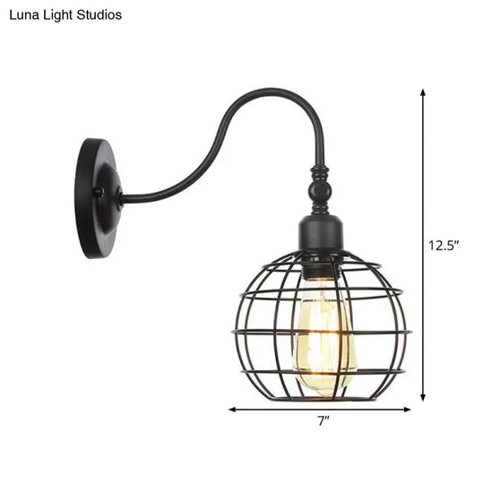 Black Iron Gooseneck Wall Lamp - Single Factory Mounted Lighting Fixture With 3 Cage Options: Tube