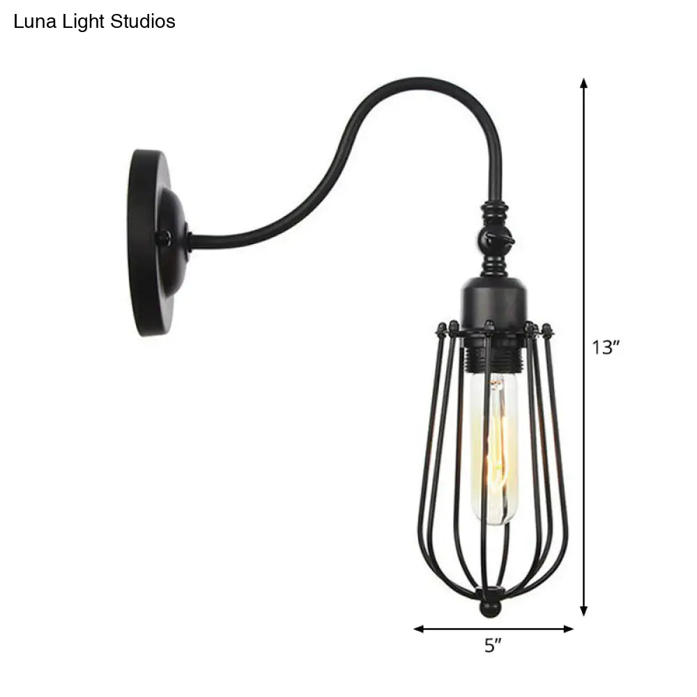 Black Iron Gooseneck Wall Lamp - Single Factory Mounted Lighting Fixture With 3 Cage Options: Tube