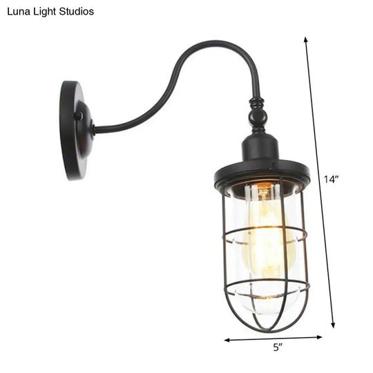 Black Iron Gooseneck Wall Lamp - Single Factory Mounted Lighting Fixture With 3 Cage Options: Tube